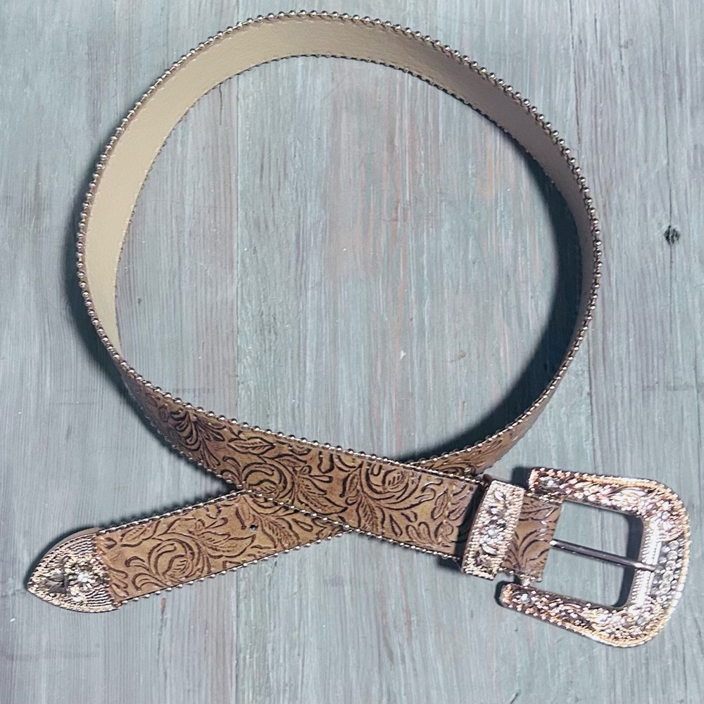 Women's Embossed Rhinestone Buckle Belt - Tan - Picture 3 of 3